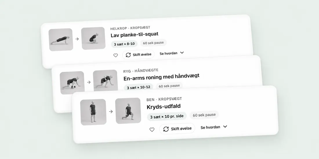 Skærmbillede af SundPlans træningsplan med øvelser som planke-til-squat, roning og udfald samt sæt og pauser